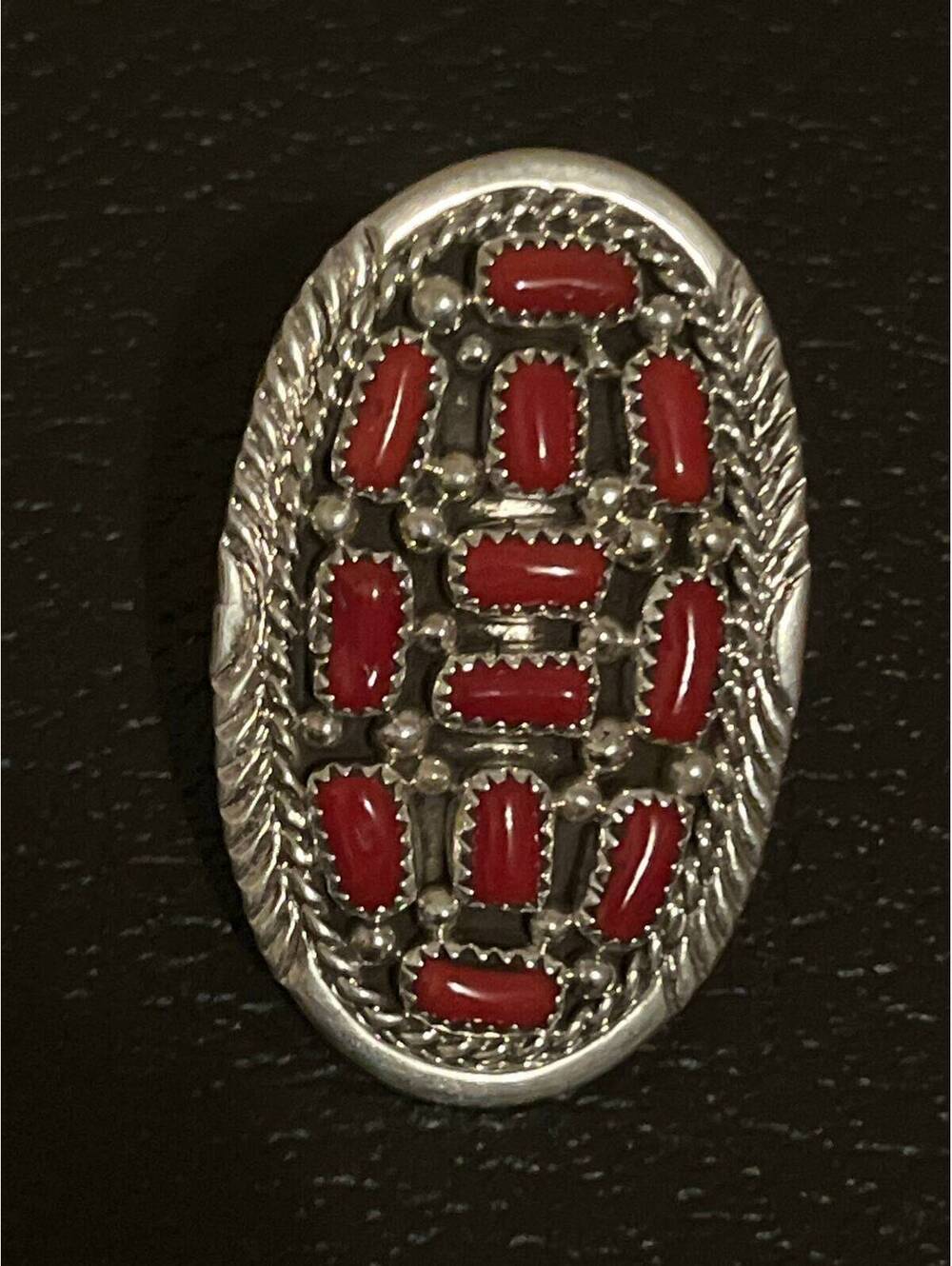 Navajo handmade sterling silver coral ring size 7